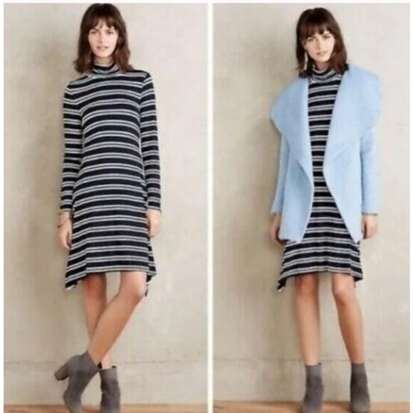 Anthropologie Maeve Womens Small Navy Blue White Stripe Turtleneck Dress - Picture 1 of 7